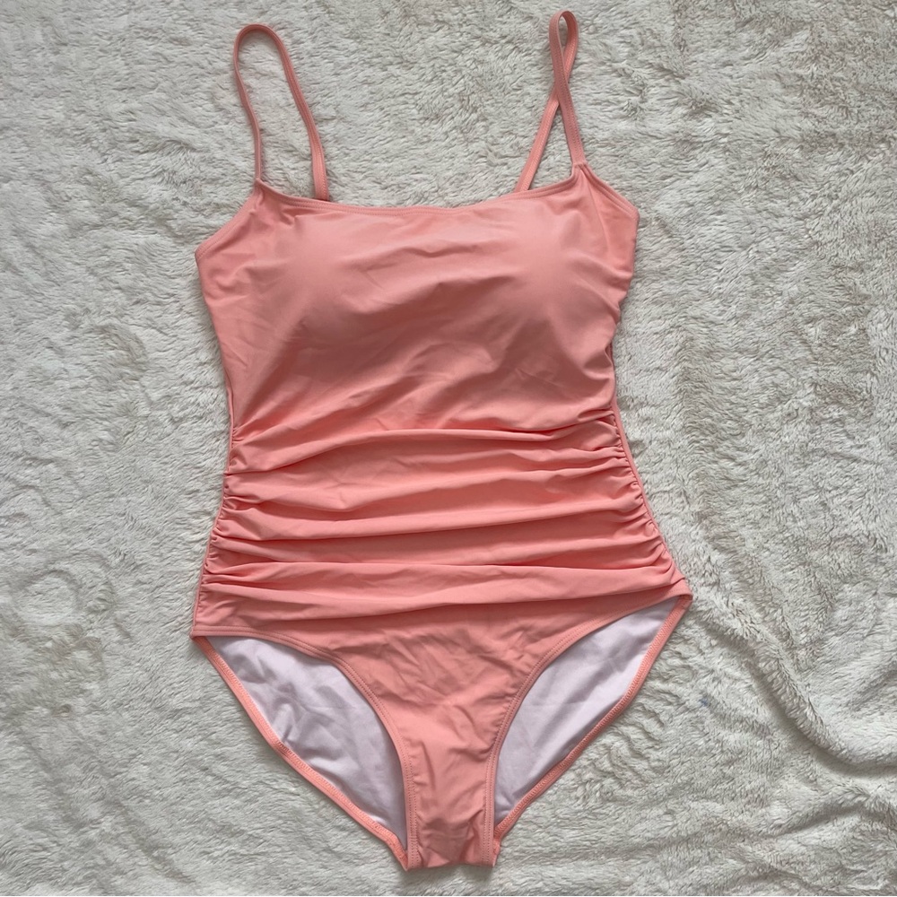 NWT EoMENIE Women's One Piece Swimsuit Tummy Control Ruched Size Large Salmon